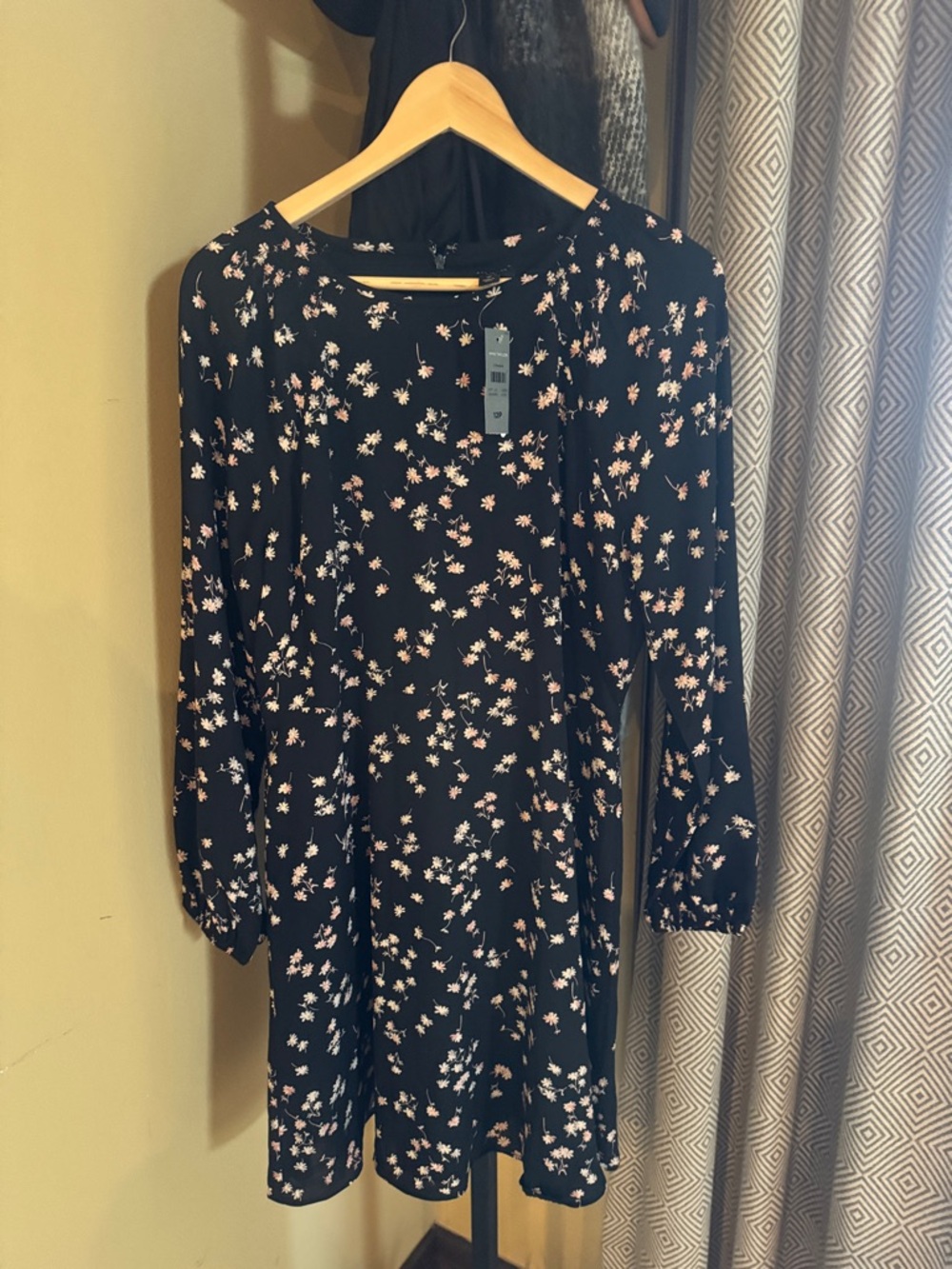 Ann Taylor Black Long-Sleeve Dress with Pink Floral Pattern